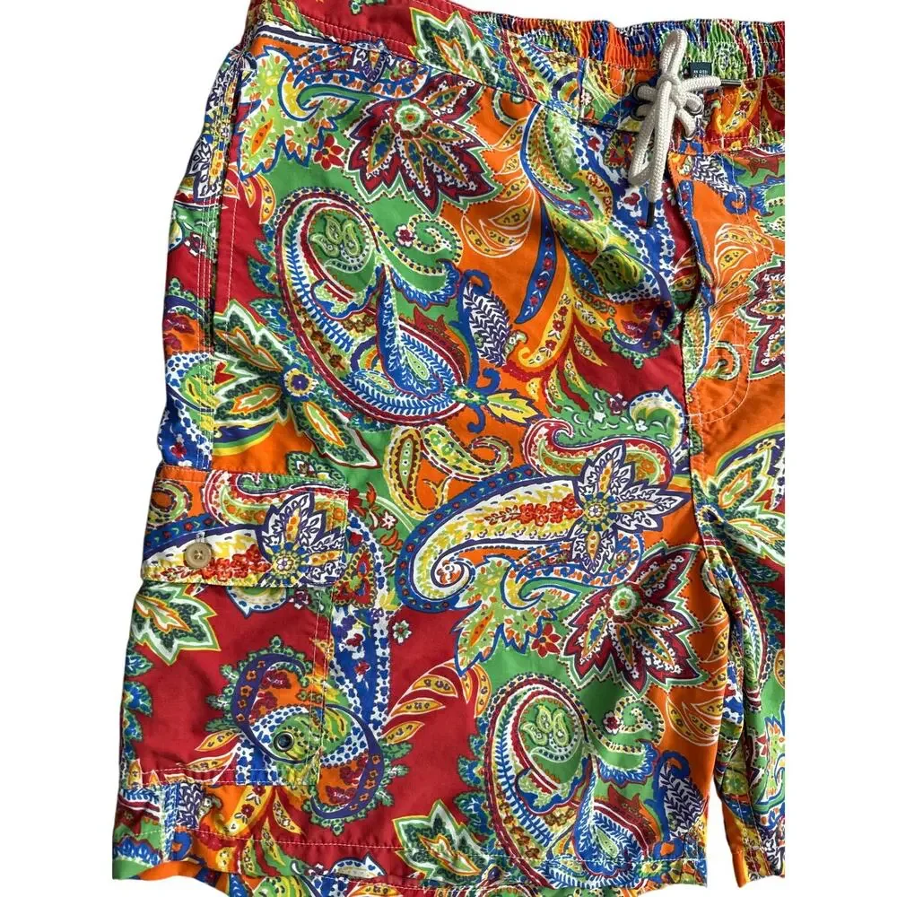 Polo Ralph Lauren Vintage Tag Orange Green Paisley Lace Up Swim Trunks Size XXL - Picture 4 of 7